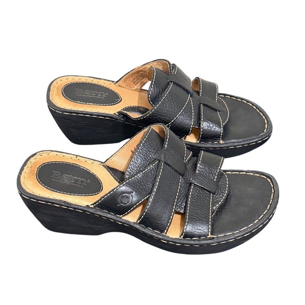 Born Black Leather Wedge Slide Sandals Women 8 39 W3496 K6 Contrast Stitching